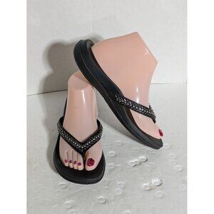 Aetrex Gwen Embellished Beaded Thong Sandals Black Flip Flops Women Size 8.5